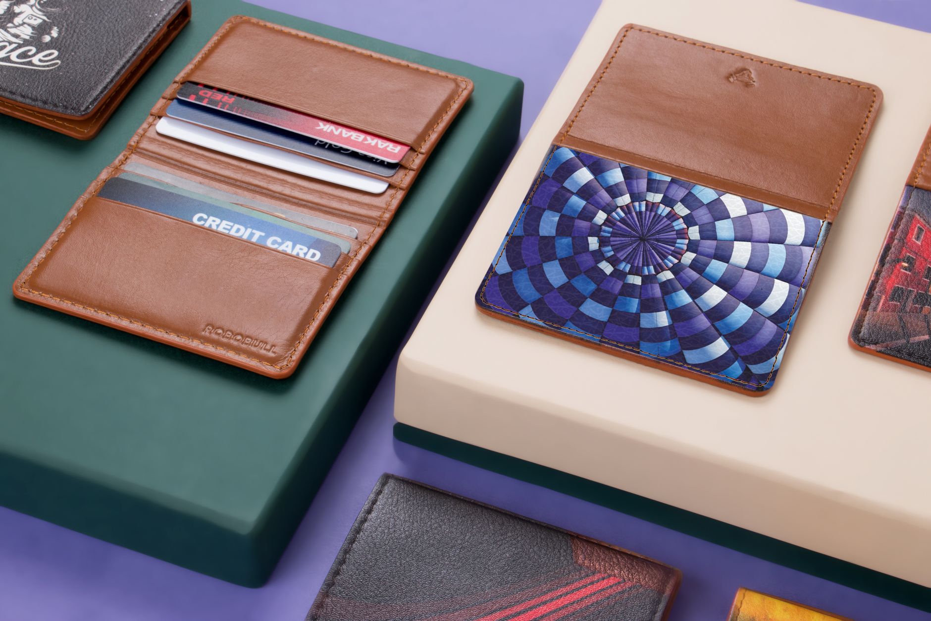 Credit cards and a wallet on a desk